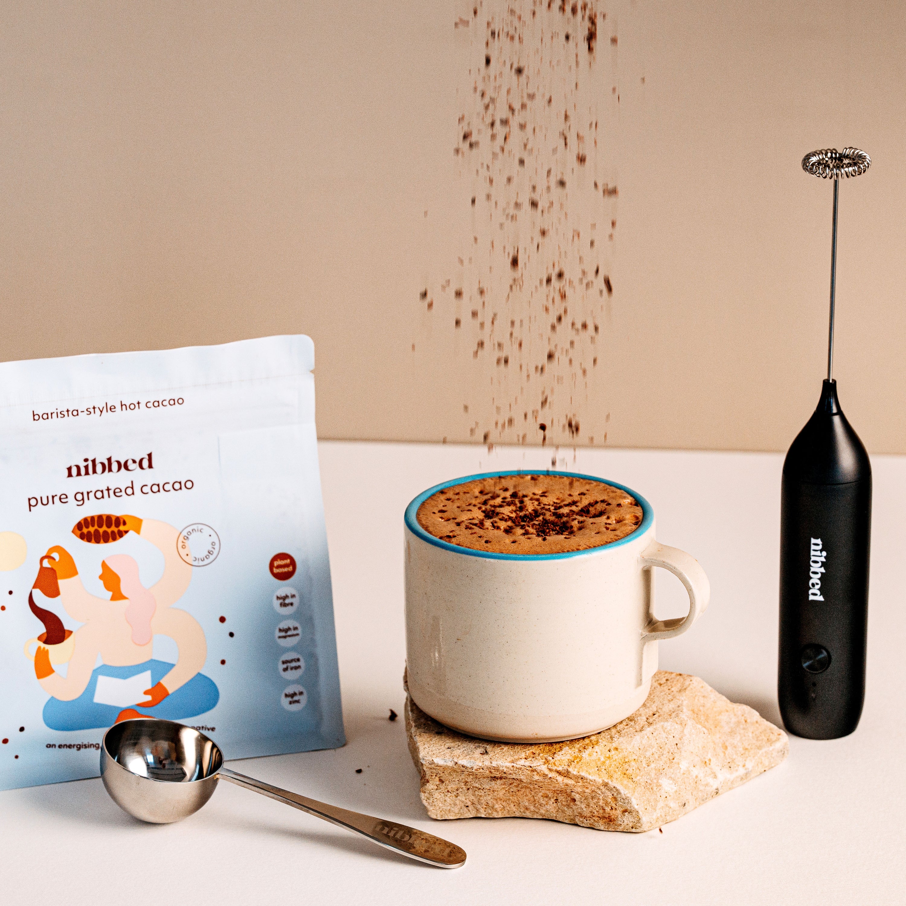 Nibbed Cacao Starter Kit frother spoon pouch