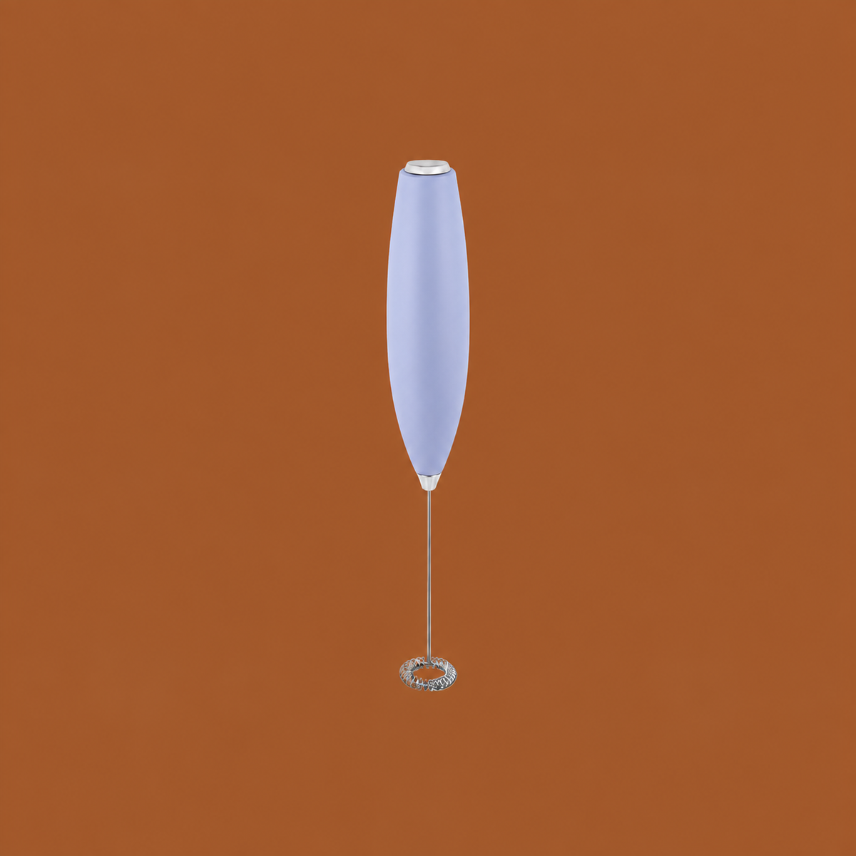 A modern frother with a tall, rounded, teardrop-shaped light blue handle and a long silver metal whisker, centered on a solid brown background.