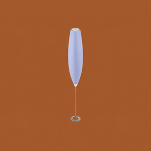 A modern frother with a tall, rounded, teardrop-shaped light blue handle and a long silver metal whisker, centered on a solid brown background.